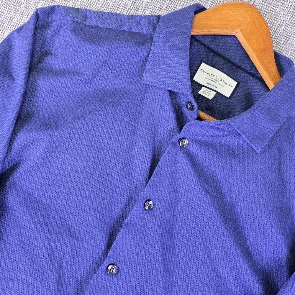 Charles Tyrwhitt Shirt Mens 17.5 34 Blue Dobby Textured Slim Fit Non Iron